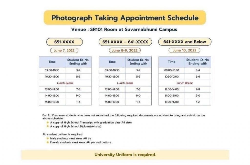 Photo Taking Appointment Schedule - Semester 1/2022 for 65X-64X students