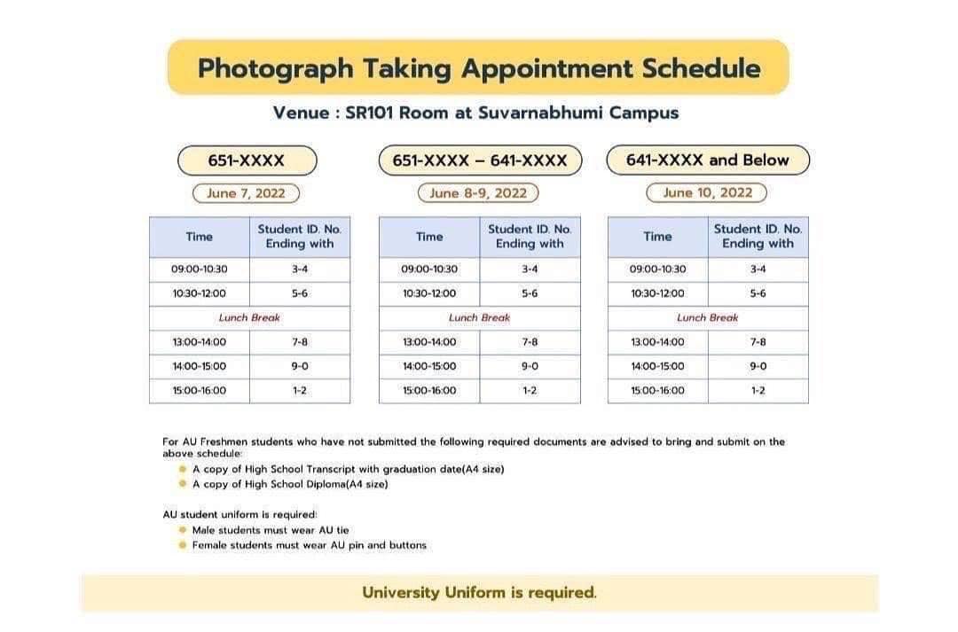 Photo Taking Appointment Schedule – Semester 1/2022 for 65X-64X students