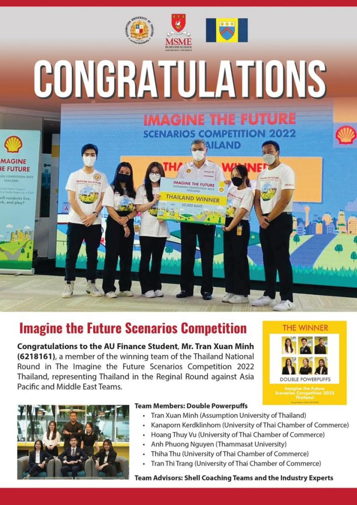 Congratulations to the AU Finance Student, Mr. Tran Xuan Minh (6218161), a member of the First Runner Up Team, in the Regional Round, The Imagine the Future Scenarios Competition 2022