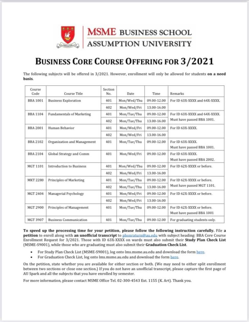 BUSINESS CORE COURSE OFFERING FOR 3/2021