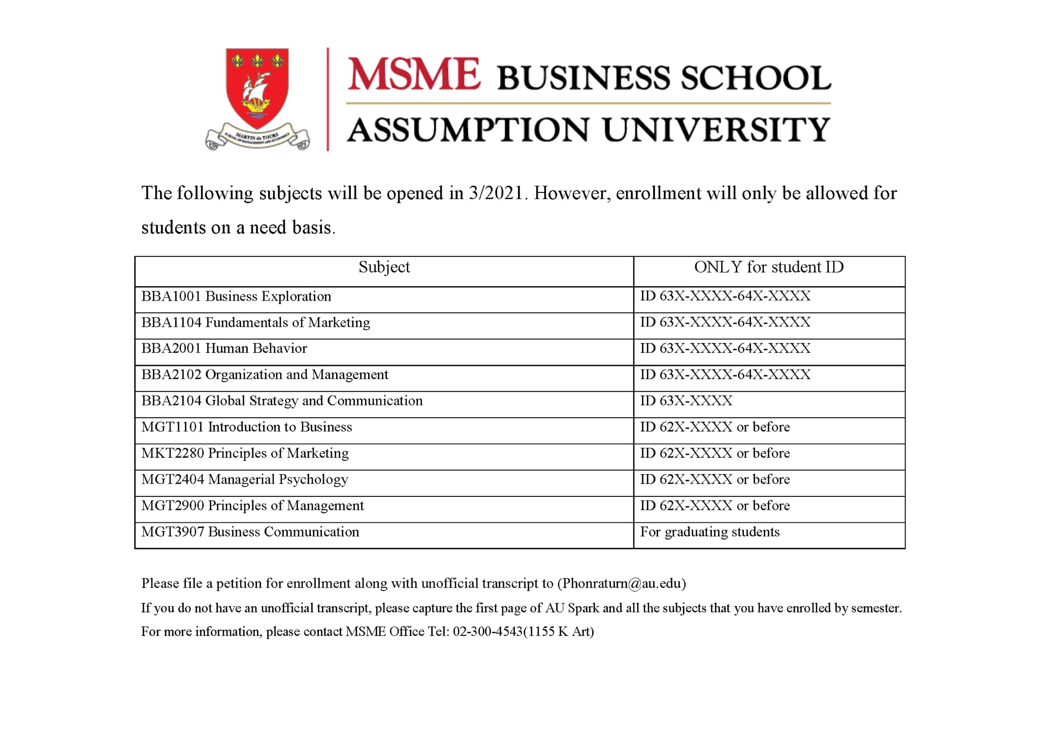 Summer Courses Offering for BBA Core Courses (3/2021)