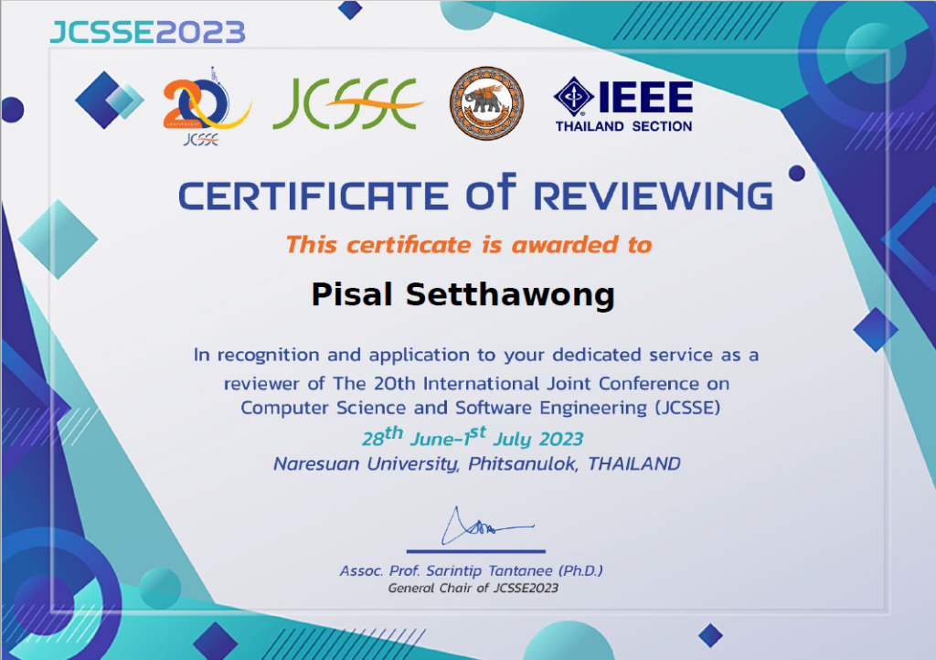 Asst. Prof. Dr. Pisal Setthawong serves as reviewer for JCSSE 2023
