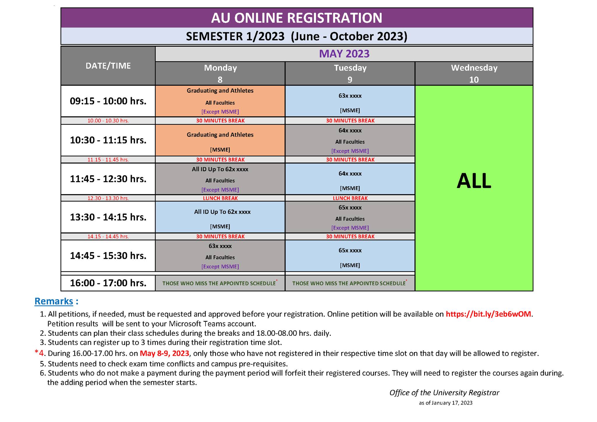 Online Pre register Appointment Schedule for June 2023 semester