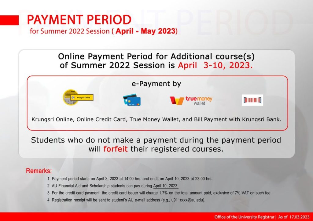 Online Payment Period for Additional course(s) of Summer 2022