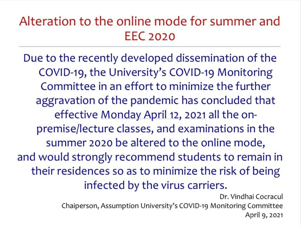 Official announcement from University. During the COVID-19 pandemic