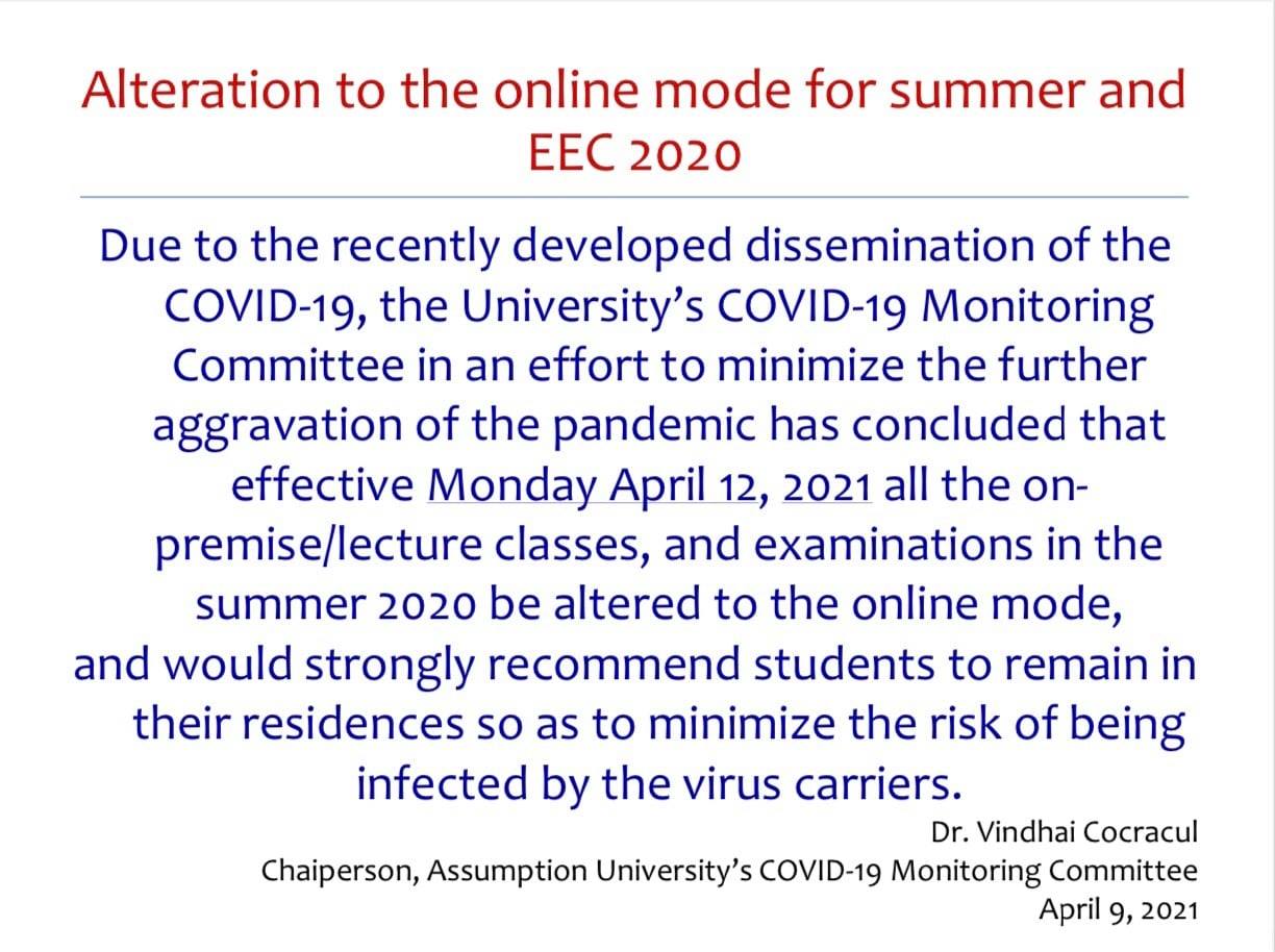Official announcement from University. During the COVID-19 pandemic