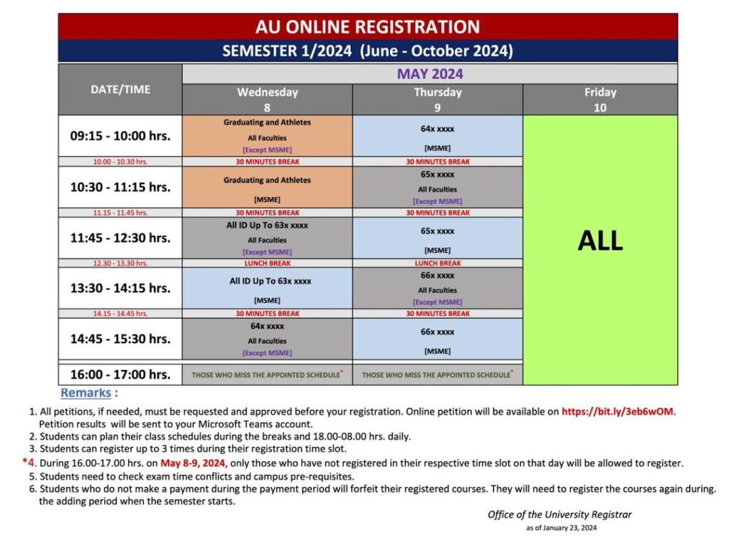Online Pre register Appointment Schedule for June 2024 semester